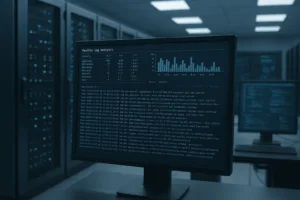 Salle de serveurs avec terminal Linux ouvert et analyse des logs Postfix