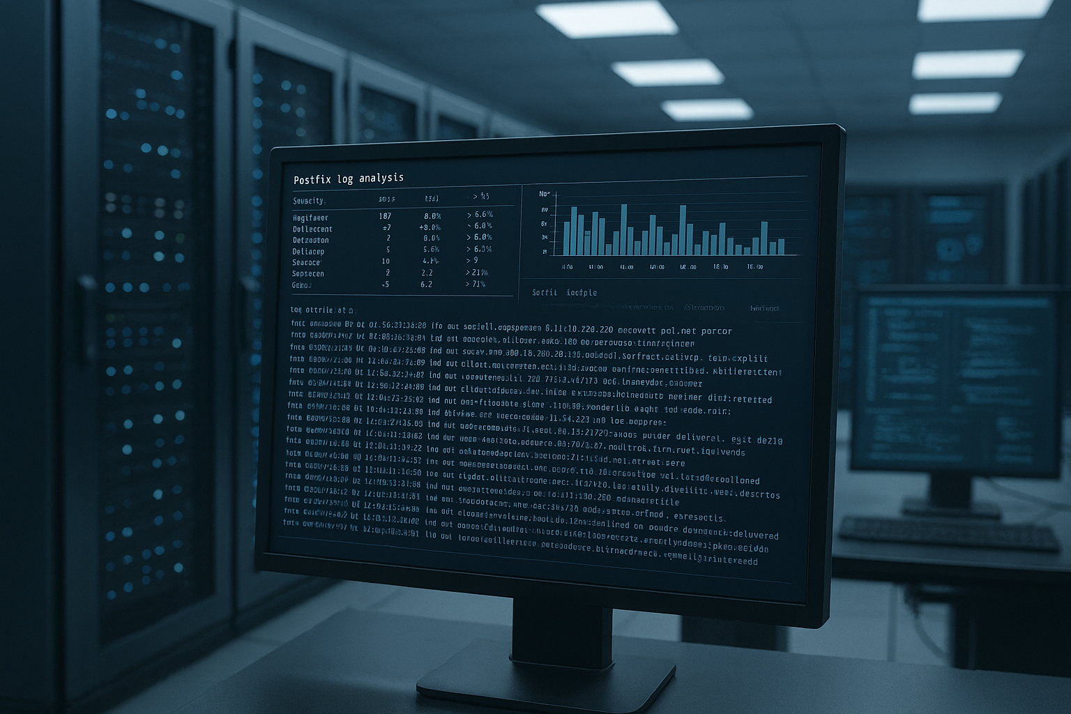 Salle de serveurs avec terminal Linux ouvert et analyse des logs Postfix