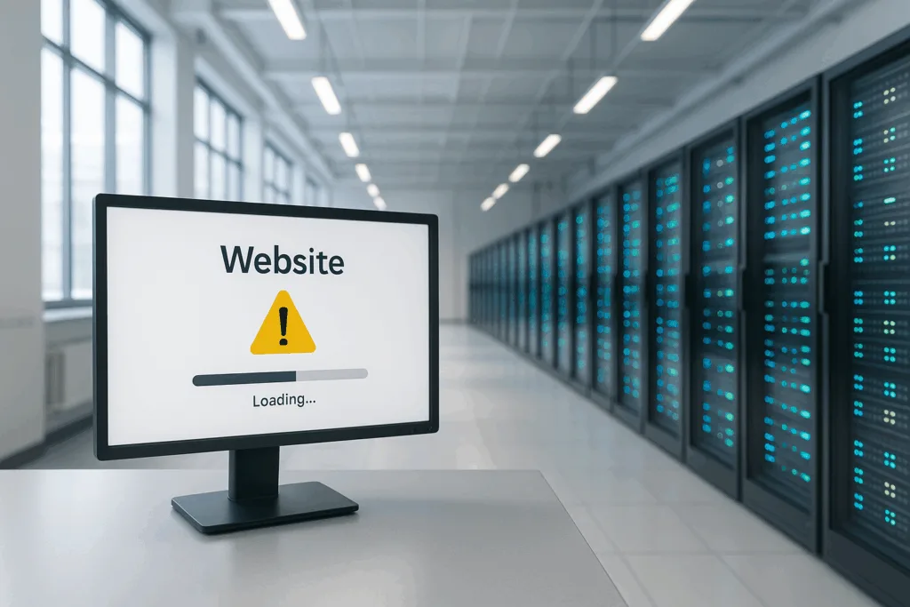 Paysage de serveurs photoréaliste avec site web et symbole d'avertissement dans le centre de données
