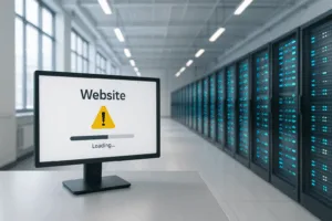 Paysage de serveurs photoréaliste avec site web et symbole d'avertissement dans le centre de données