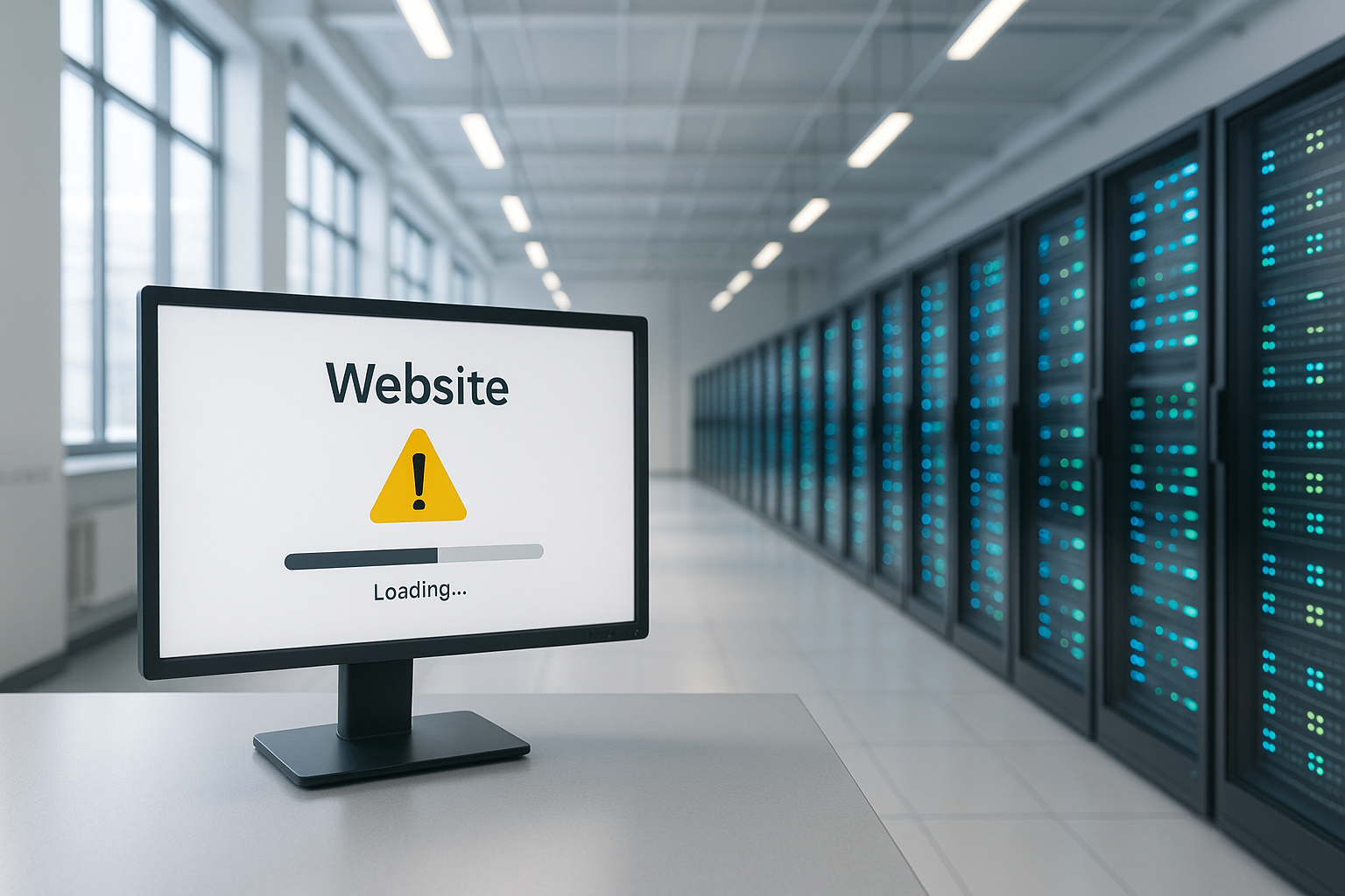 Paysage de serveurs photoréaliste avec site web et symbole d'avertissement dans le centre de données
