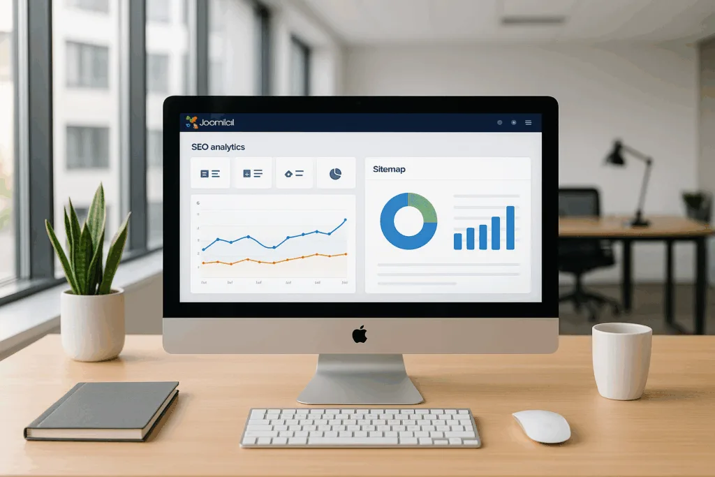 Tableau de bord Joomla SEO avec des analyses modernes et un aperçu du plan du site