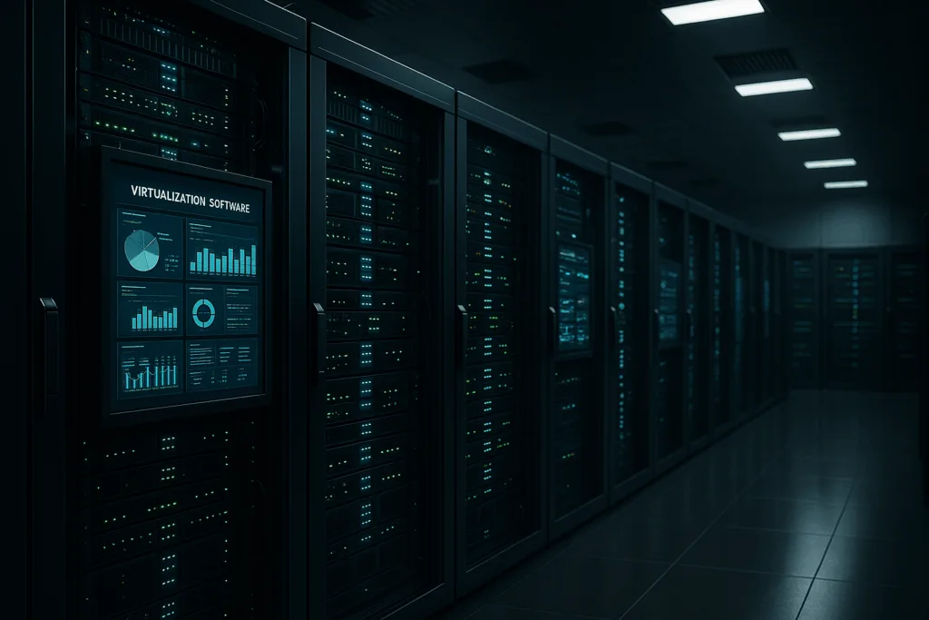 Racks de serveurs dans un centre de données moderne avec focalisation sur la virtualisation et la sécurité informatique