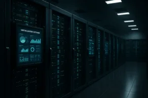 Racks de serveurs dans un centre de données moderne avec focalisation sur la virtualisation et la sécurité informatique