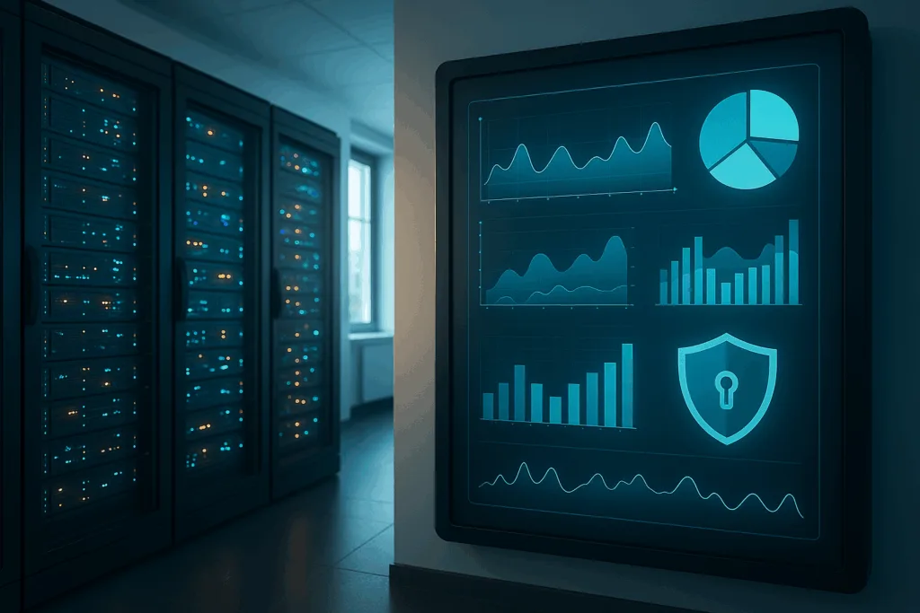 Salle de serveurs avec tableaux de bord d'analyse numérique - Analyse web respectueuse de la vie privée