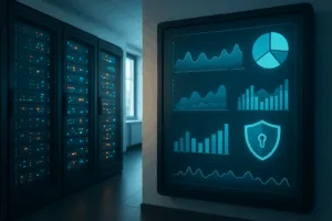 Salle de serveurs avec tableaux de bord d'analyse numérique - Analyse web respectueuse de la vie privée