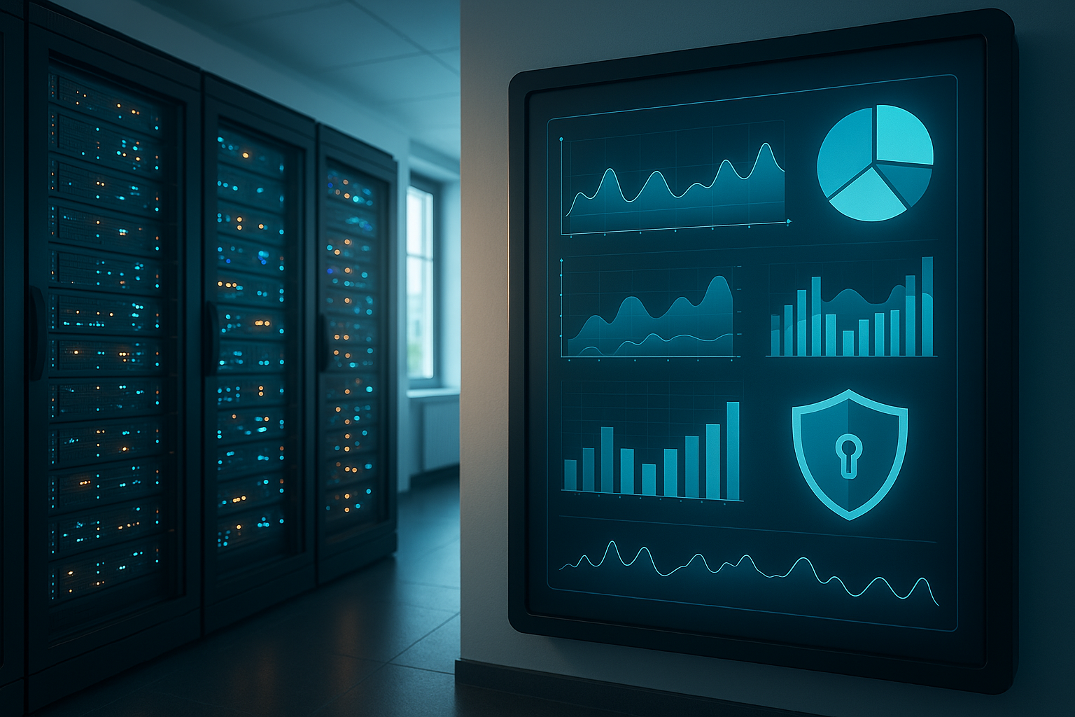 Salle de serveurs avec tableaux de bord d'analyse numérique - Analyse web respectueuse de la vie privée
