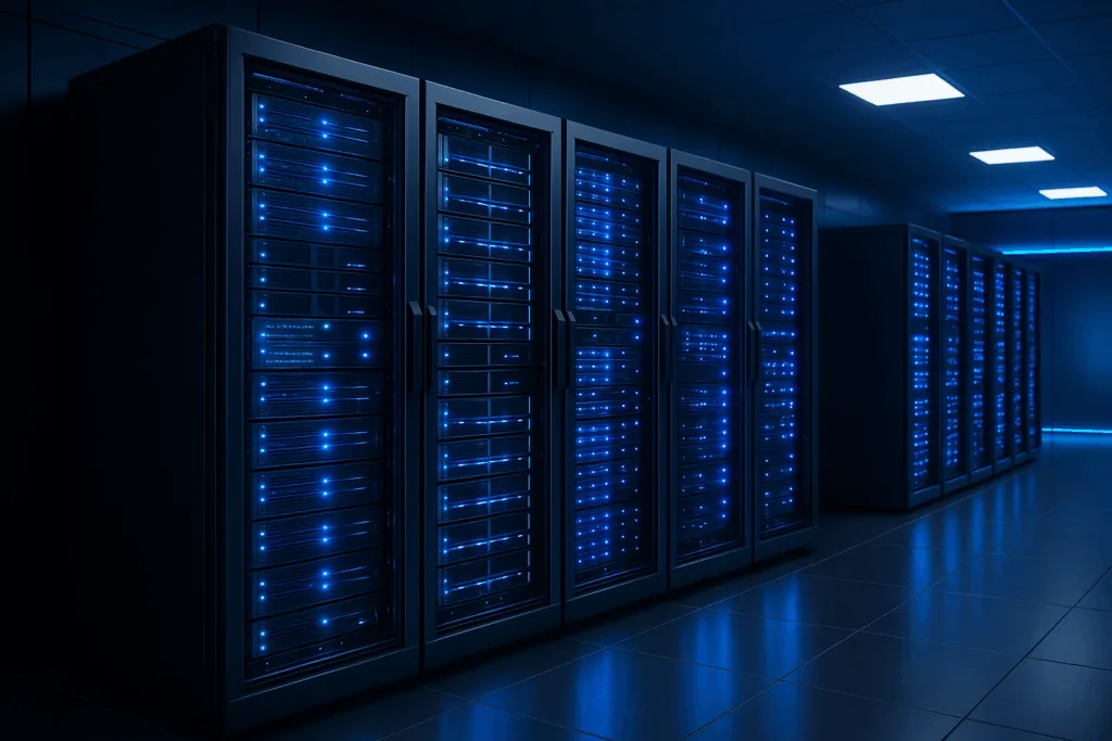 Centre informatique allemand moderne avec racks de serveurs pour l'hébergement web - représentation réaliste