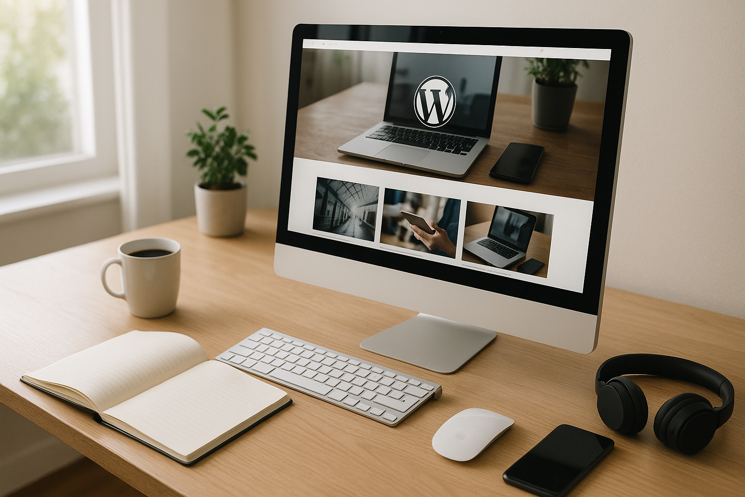 Bureau à domicile moderne avec site web WordPress en cours d'exécution sur écran, environnement convivial