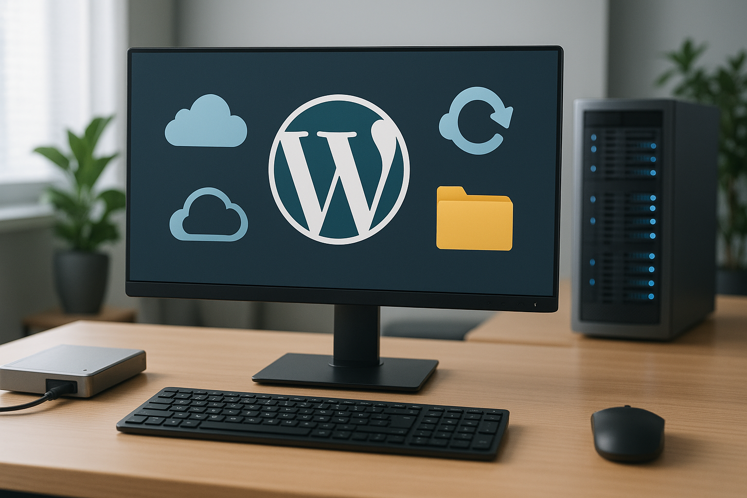Solutions de sauvegarde WordPress : Poste de travail informatique avec icônes de sauvegarde et cloud
