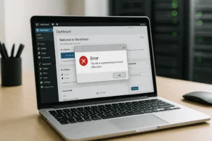 Message d'erreur WordPress sur l'ordinateur portable avec poste de travail numérique
