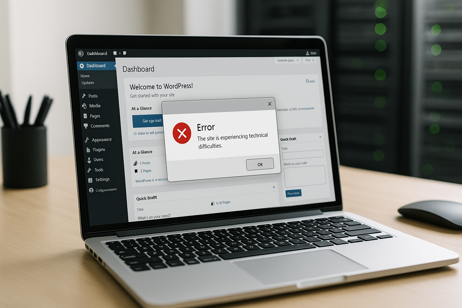 Message d'erreur WordPress sur l'ordinateur portable avec poste de travail numérique