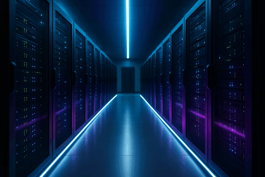 Image photoréaliste d'un centre de données moderne avec des serveurs pour l'hébergement de WordPress
