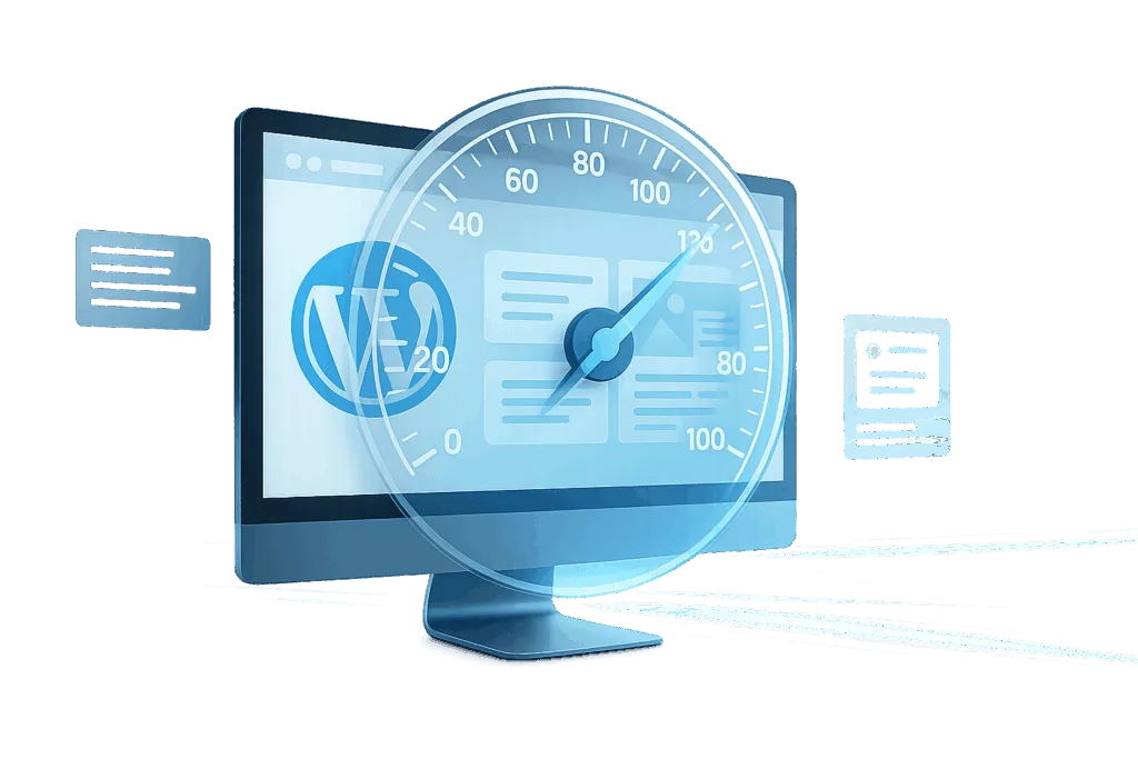 Représentation abstraite d'un site WordPress rapide avec des éléments de vitesse