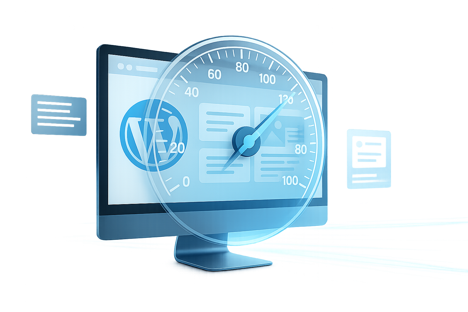 Représentation abstraite d'un site WordPress rapide avec des éléments de vitesse