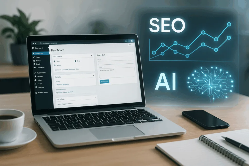 Tableau de bord WordPress avec analyses SEO et éléments d'IA