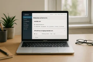 Environnement de staging WordPress moderne avec Plesk sur un ordinateur portable