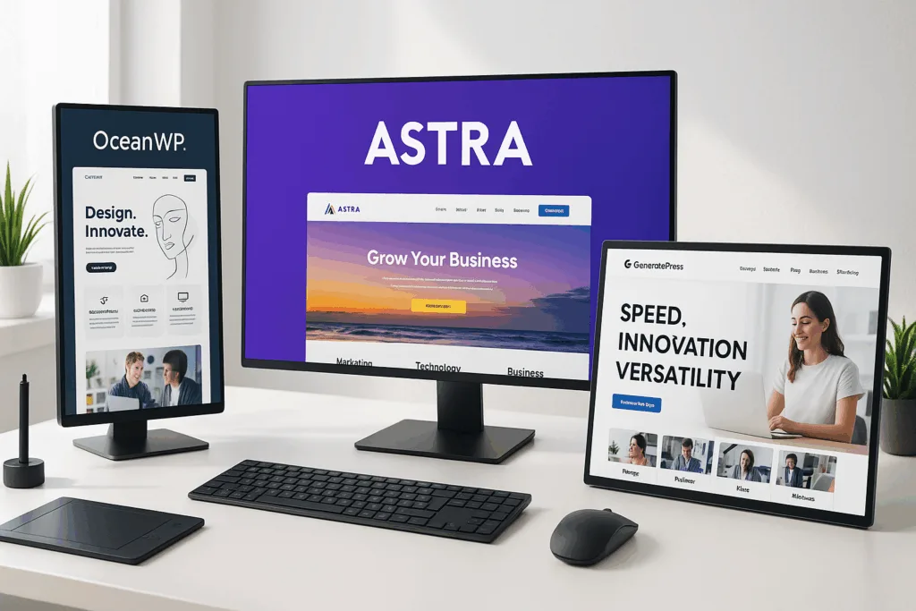 Environnement de travail photoréaliste avec des thèmes WordPress à l'écran