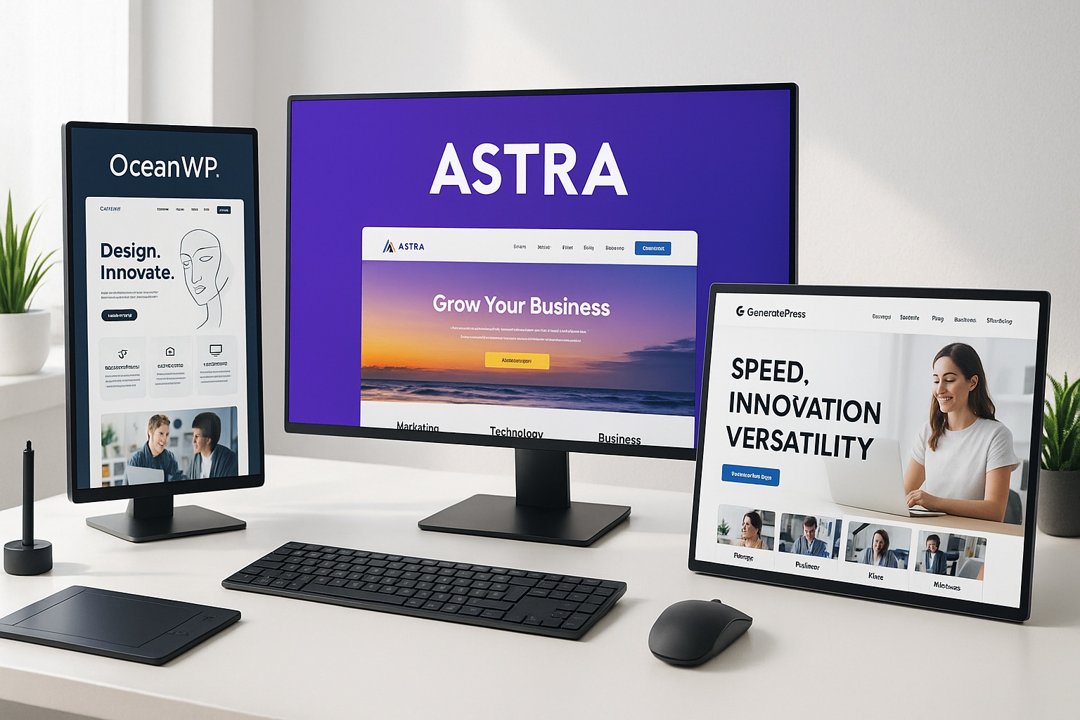 Environnement de travail photoréaliste avec des thèmes WordPress à l'écran