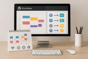 Espace de travail informatique moderne avec interface WordPress, calendrier et emploi du temps