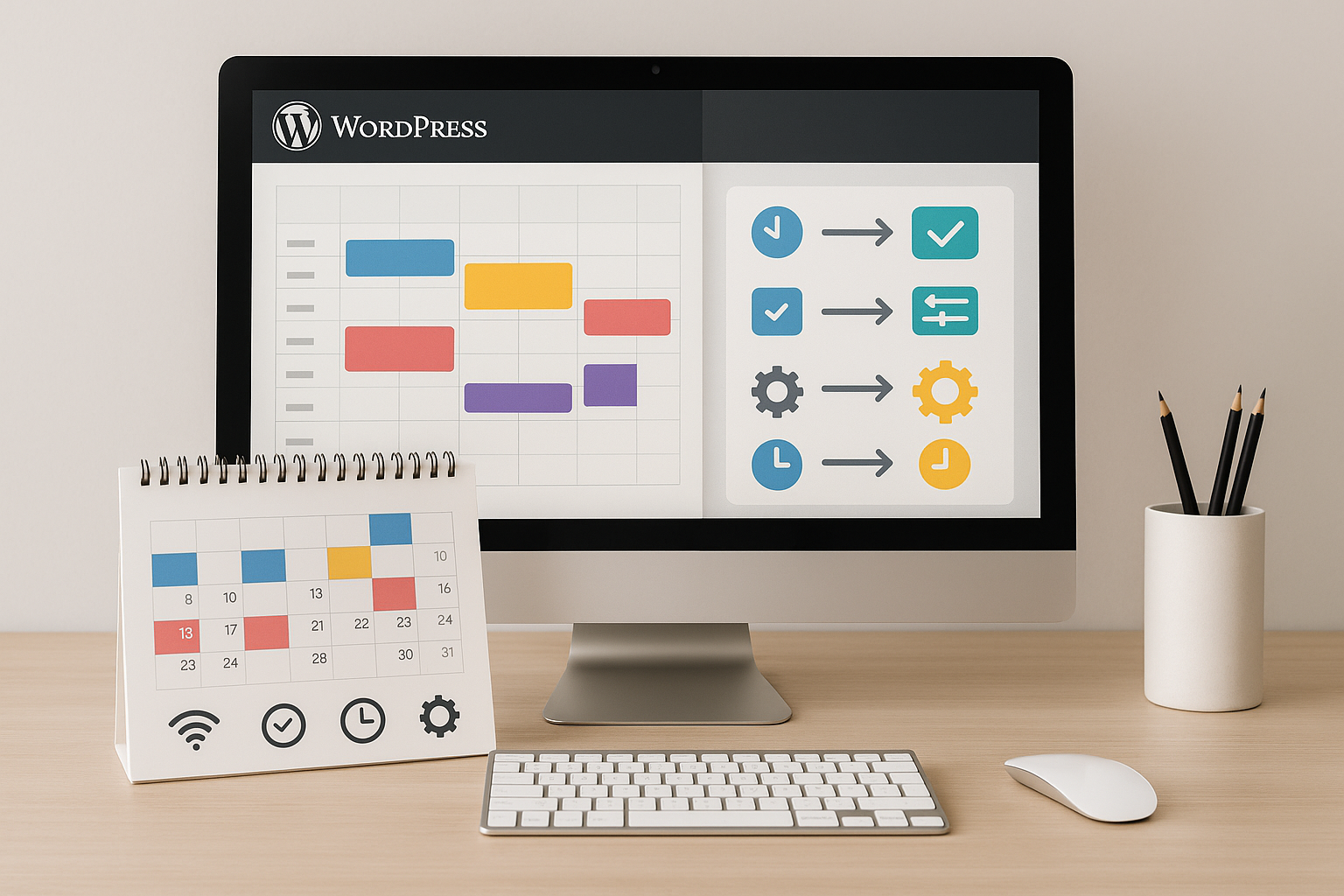 Espace de travail informatique moderne avec interface WordPress, calendrier et emploi du temps