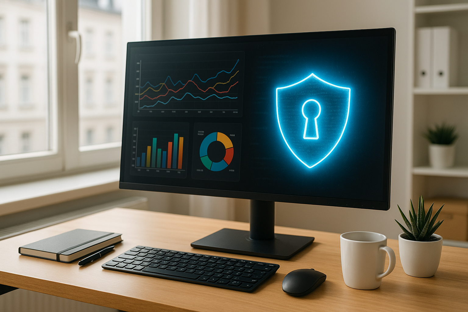 Boîte à outils de sécurité pour WordPress : environnement de bureau moderne avec ordinateur et icône de cyberprotection