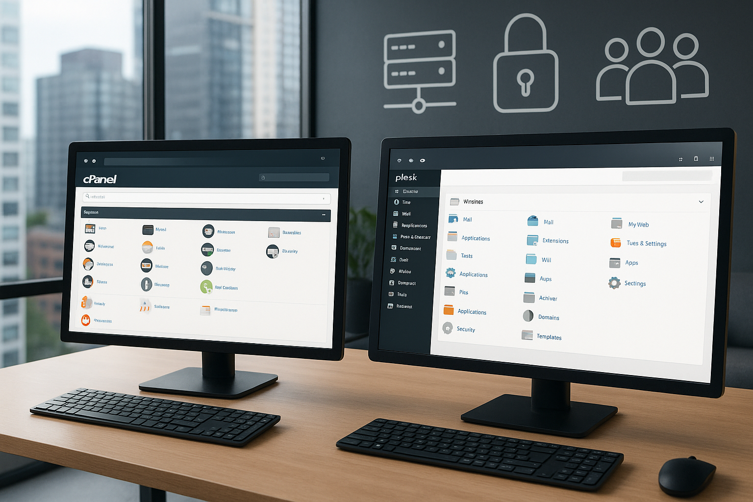 Deux moniteurs avec les interfaces cPanel et Plesk ouvertes pour l'hébergement web dans un bureau moderne