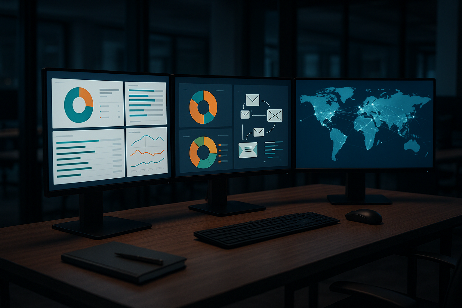 Visualisation photoréaliste d'un poste de travail moderne avec des rapports DMARC et des diagrammes d'e-mails sur des moniteurs