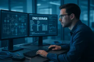 Un expert informatique vérifie la configuration du serveur DNS dans un bureau moderne avec des moniteurs et des plans de réseau