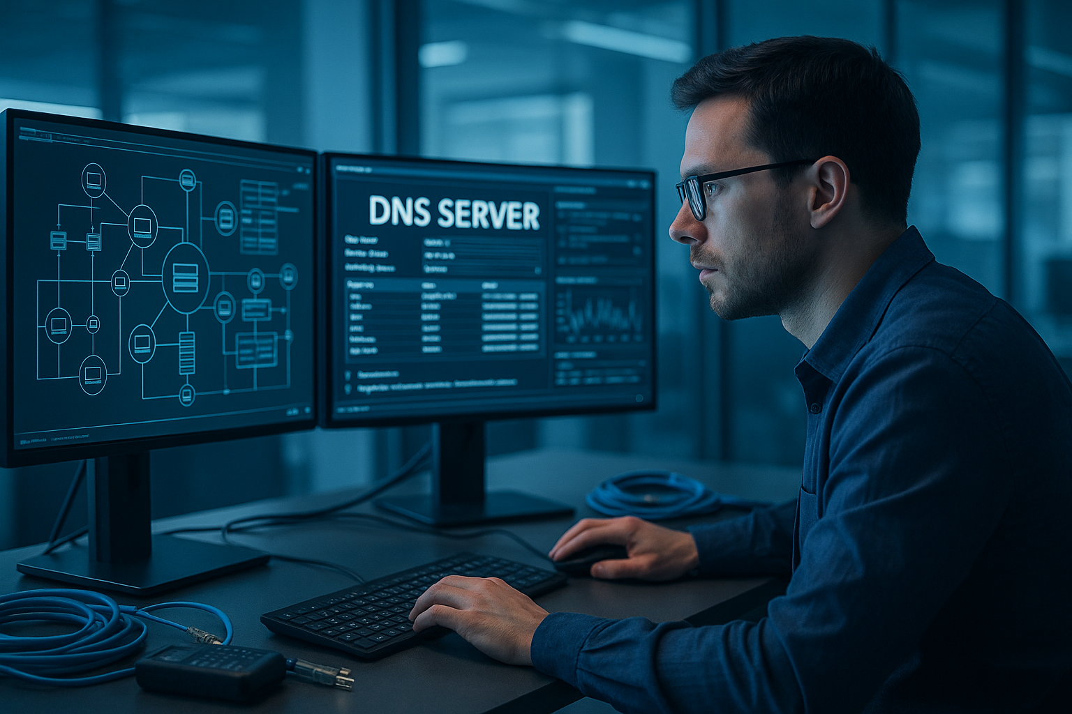 Un expert informatique vérifie la configuration du serveur DNS dans un bureau moderne avec des moniteurs et des plans de réseau