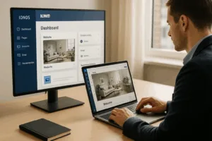 La personne travaille sur son ordinateur portable dans l'espace client IONOS et configure un domaine