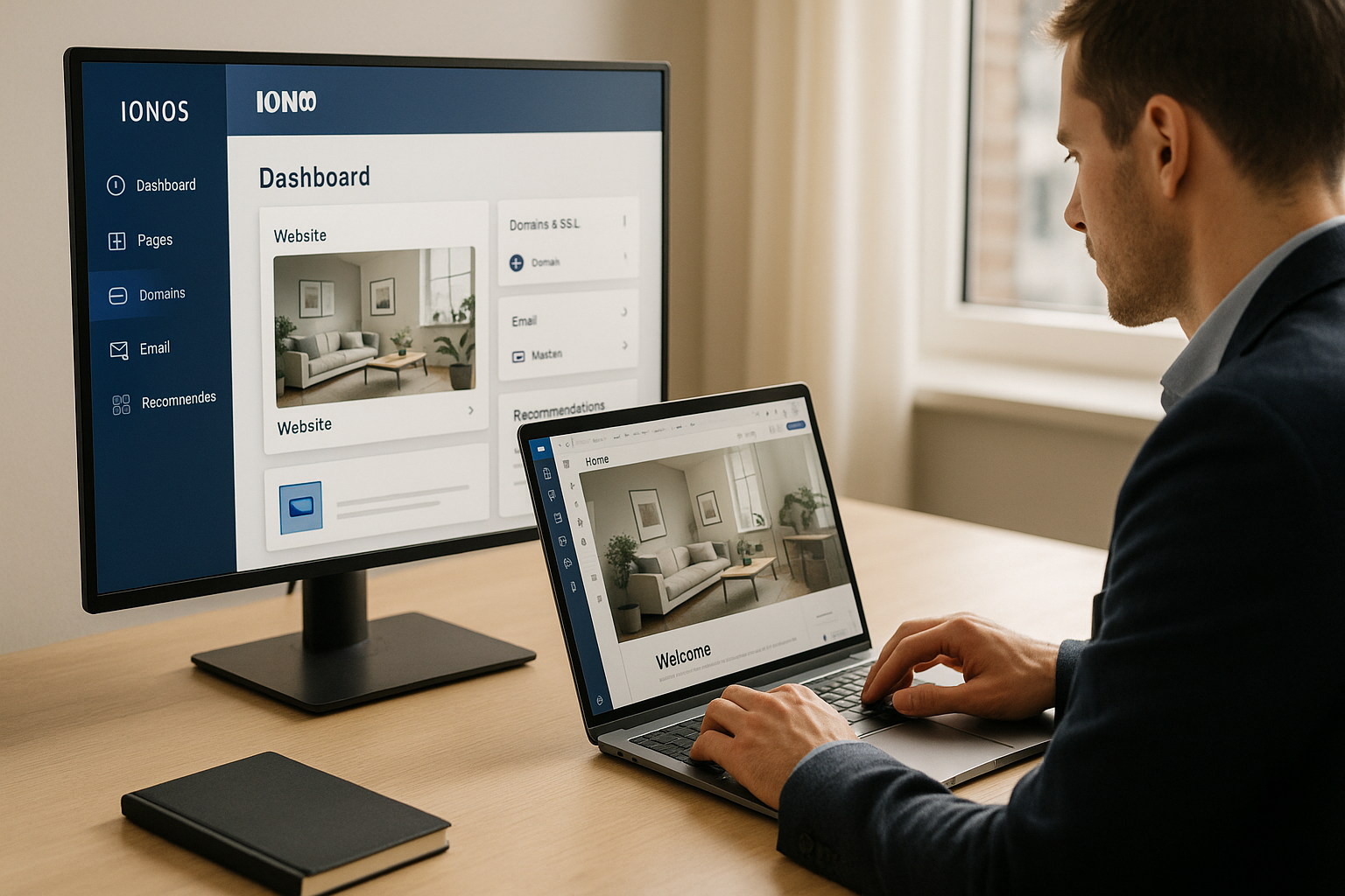La personne travaille sur son ordinateur portable dans l'espace client IONOS et configure un domaine