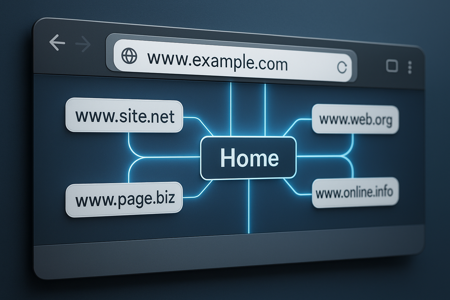 Barre de navigation photoréaliste avec différentes extensions de domaine menant au site web d'une entreprise.
