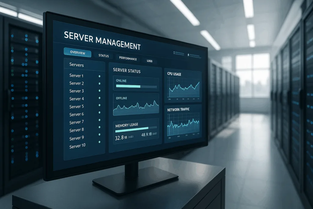 Salle des serveurs avec une interface moderne pour la gestion des serveurs et un contrôle numérique.