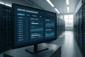 Salle des serveurs avec une interface moderne pour la gestion des serveurs et un contrôle numérique.
