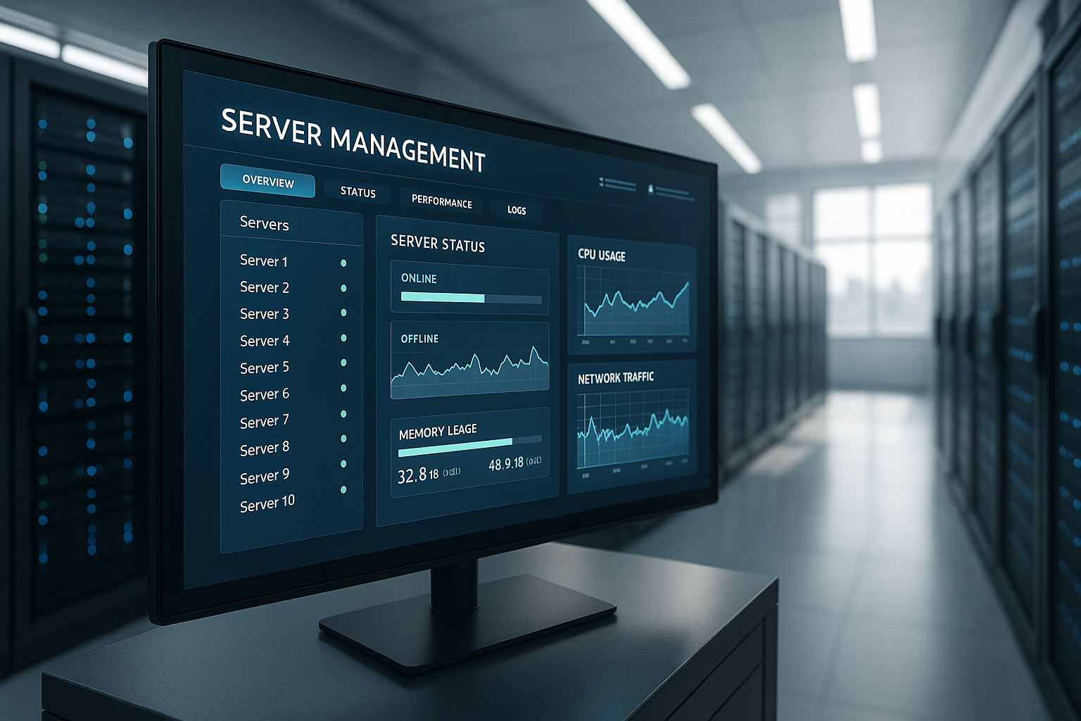 Salle des serveurs avec une interface moderne pour la gestion des serveurs et un contrôle numérique.