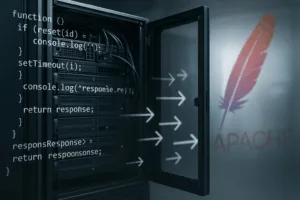 Rack de serveur avec redirections htaccess symbolisées et code, ambiance technique