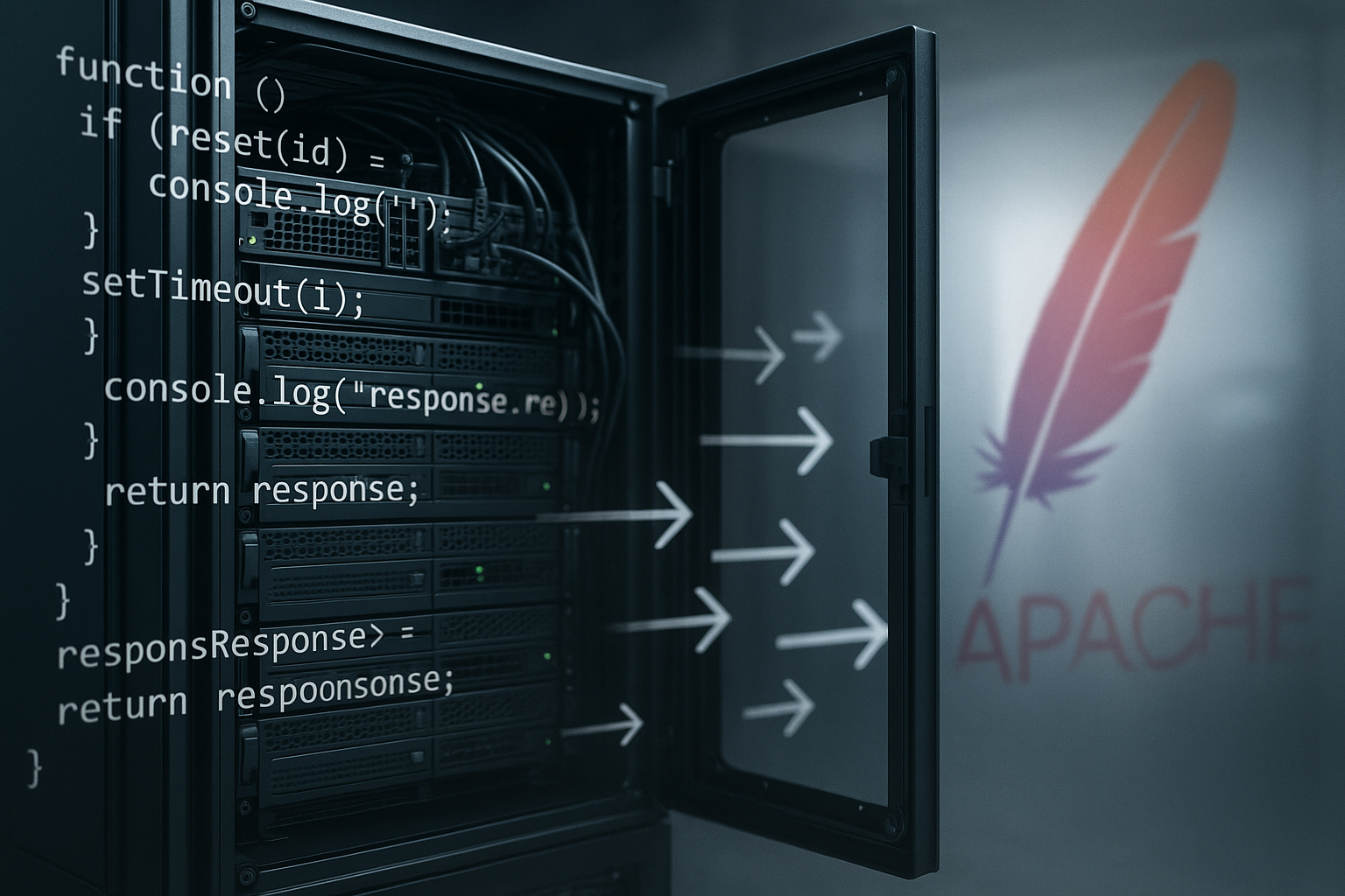 Rack de serveur avec redirections htaccess symbolisées et code, ambiance technique
