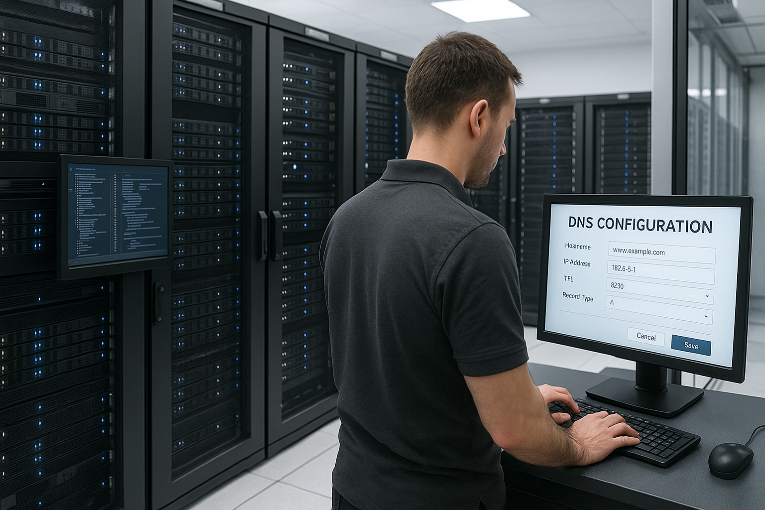 Installer son propre serveur de noms dans une salle de serveurs moderne - leitmotiv photoréaliste