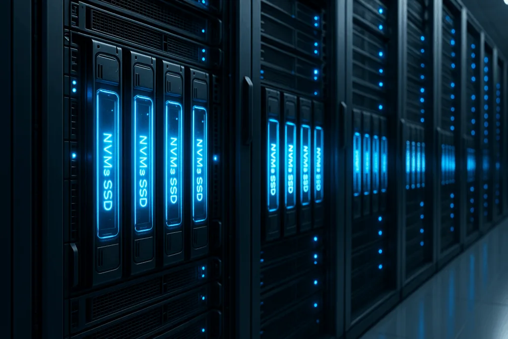 Des serveurs modernes avec des disques SSD NVMe rapides dans un centre de données