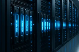 Des serveurs modernes avec des disques SSD NVMe rapides dans un centre de données