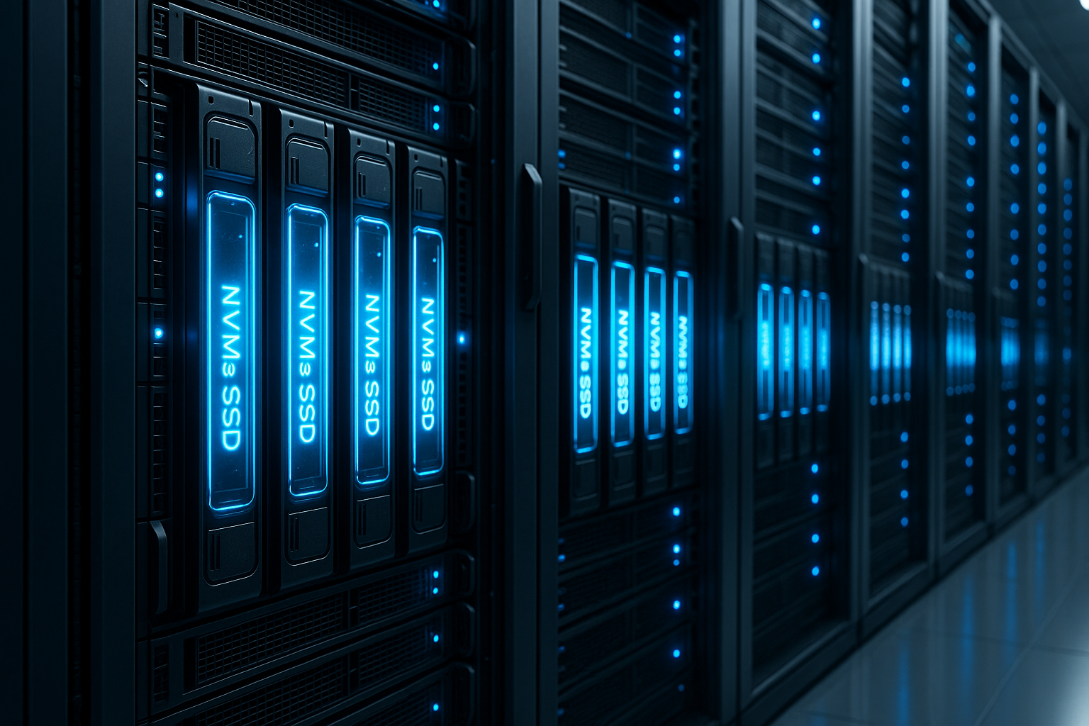 Des serveurs modernes avec des disques SSD NVMe rapides dans un centre de données
