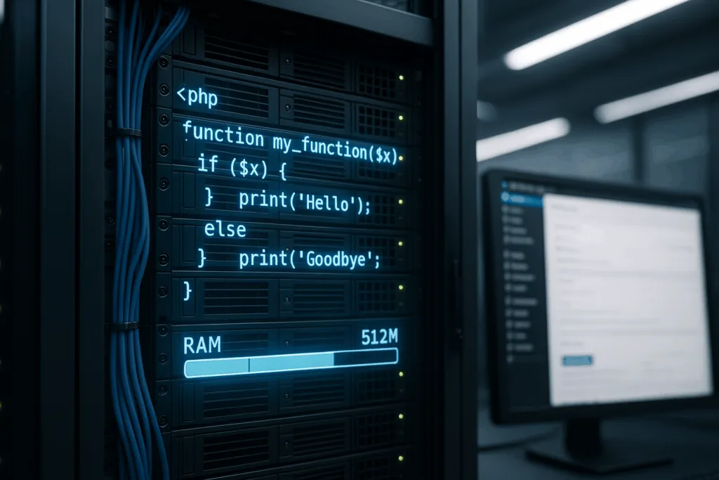 Étagère de serveur avec visualisation PHP lumineuse et indicateur de RAM croissant