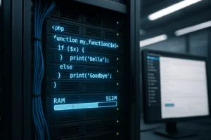 Étagère de serveur avec visualisation PHP lumineuse et indicateur de RAM croissant