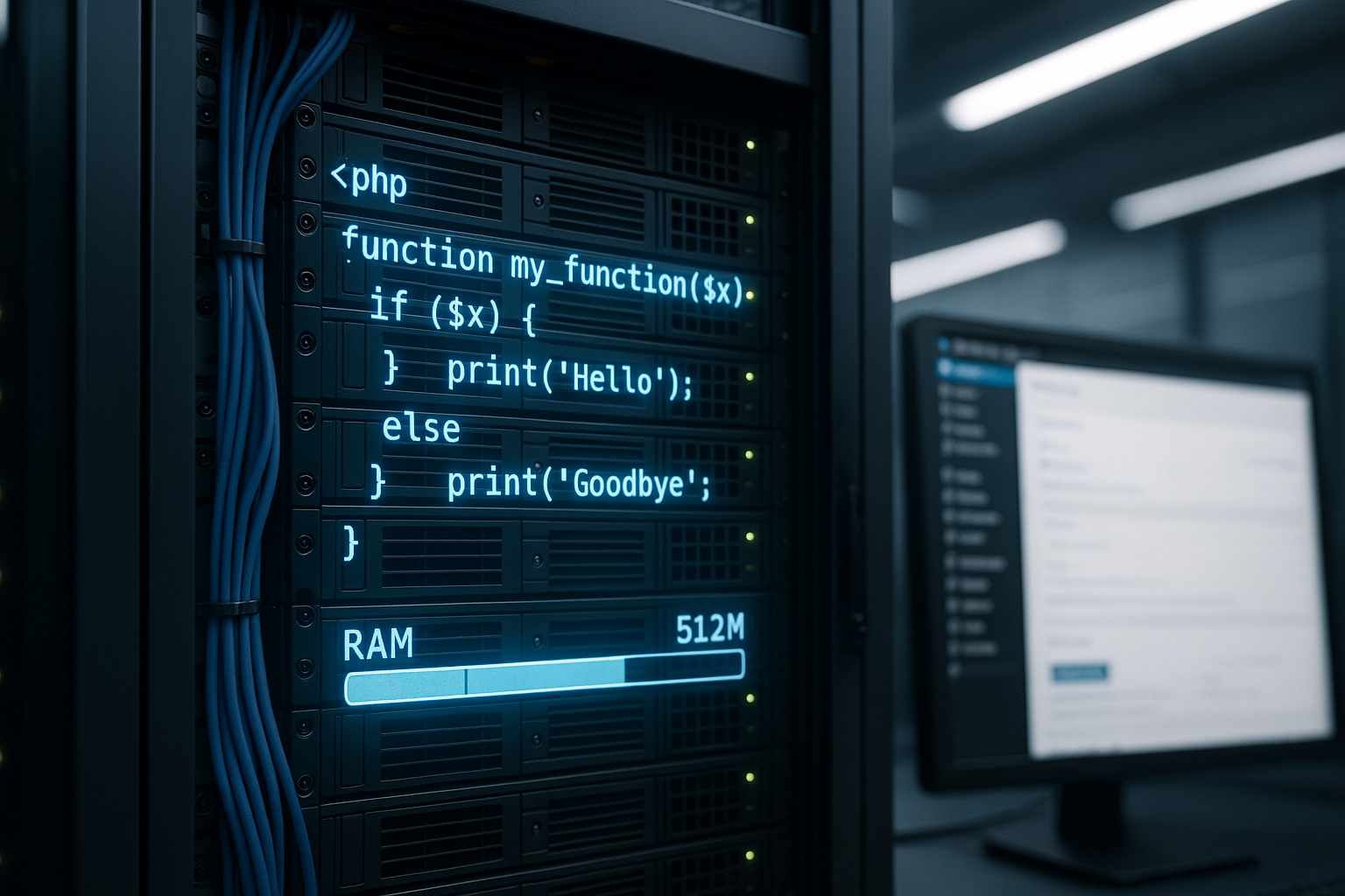 Étagère de serveur avec visualisation PHP lumineuse et indicateur de RAM croissant