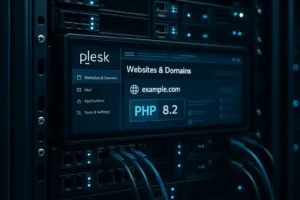 Rack de serveur avec interface Plesk et symbole PHP 8.2 dans un environnement de centre de données moderne