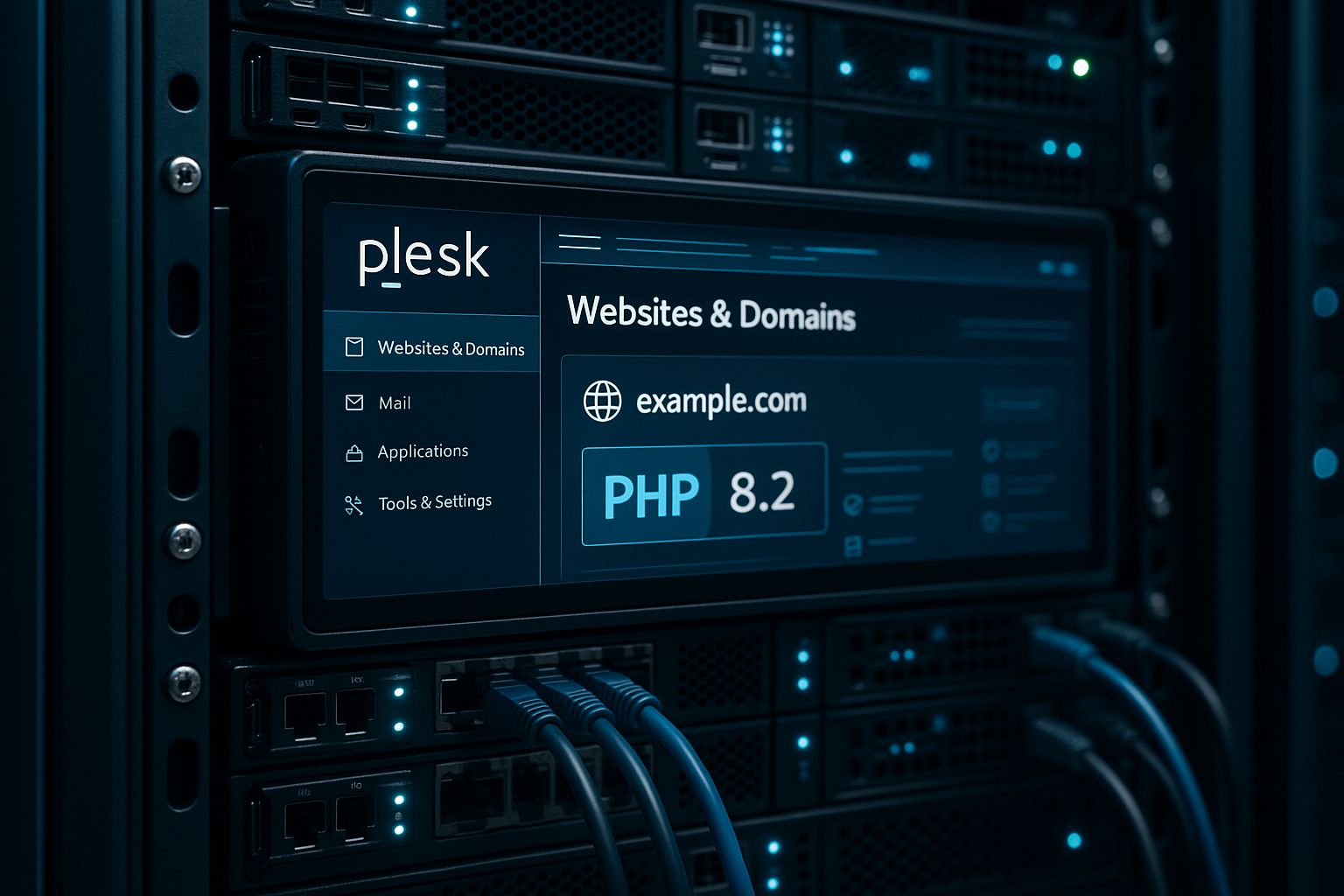 Rack de serveur avec interface Plesk et symbole PHP 8.2 dans un environnement de centre de données moderne