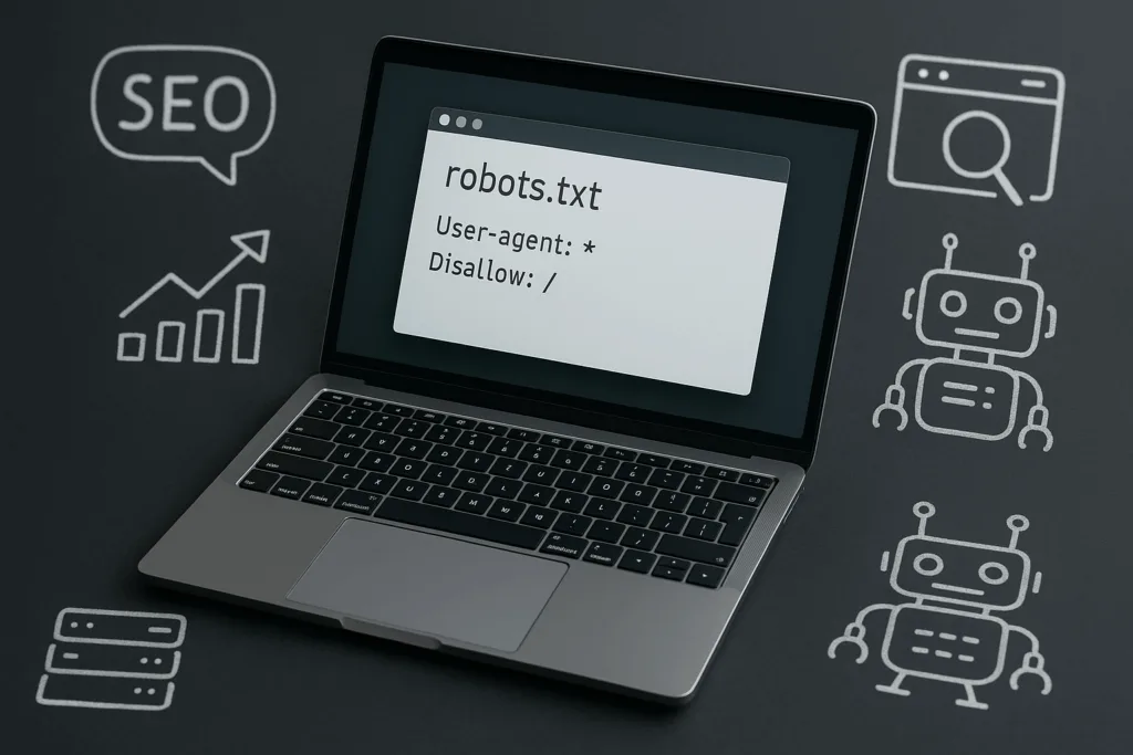 Ordinateur portable avec robots.txt et icônes SEO, technique et moderne