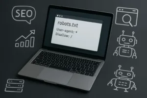 Ordinateur portable avec robots.txt et icônes SEO, technique et moderne