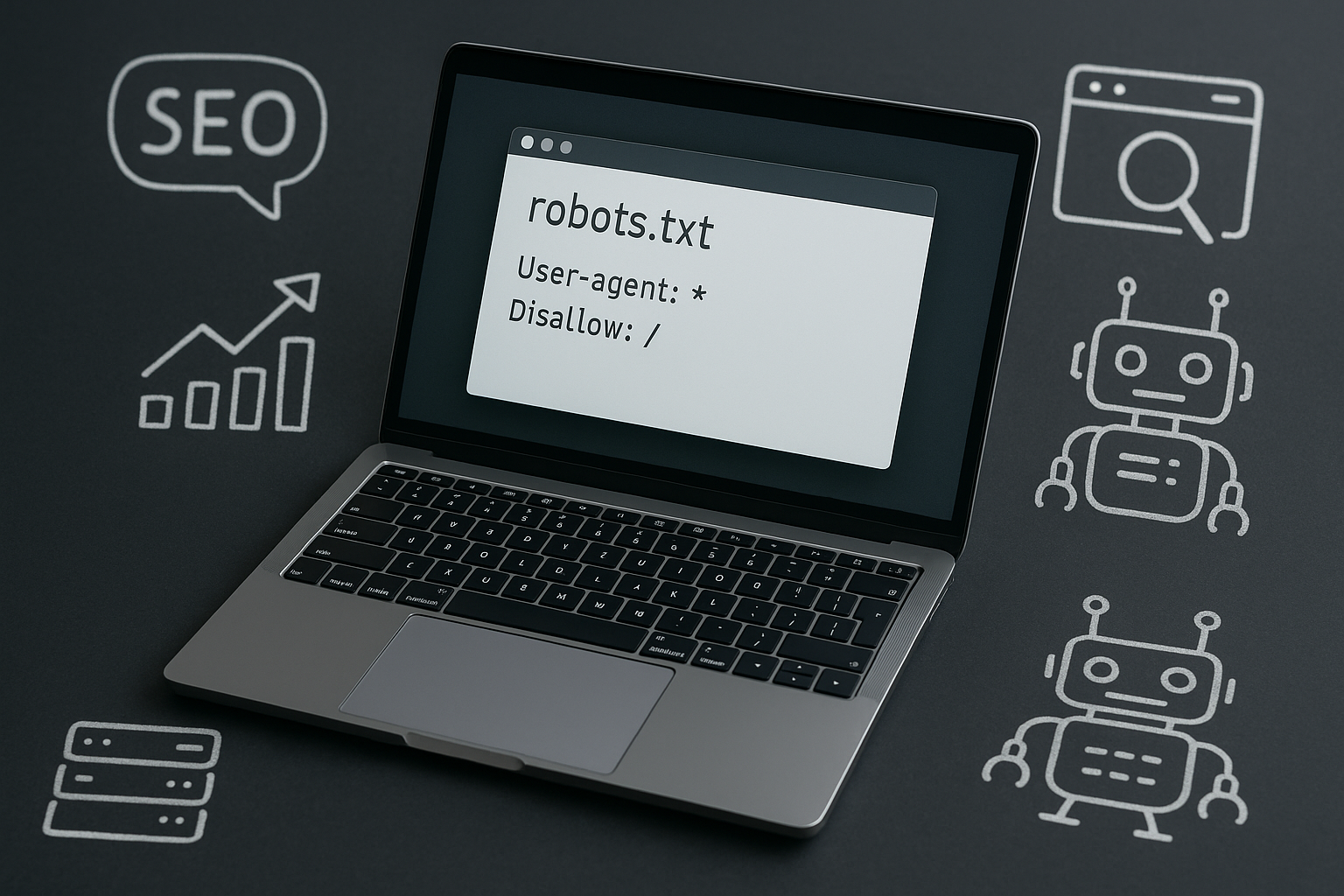 Ordinateur portable avec robots.txt et icônes SEO, technique et moderne